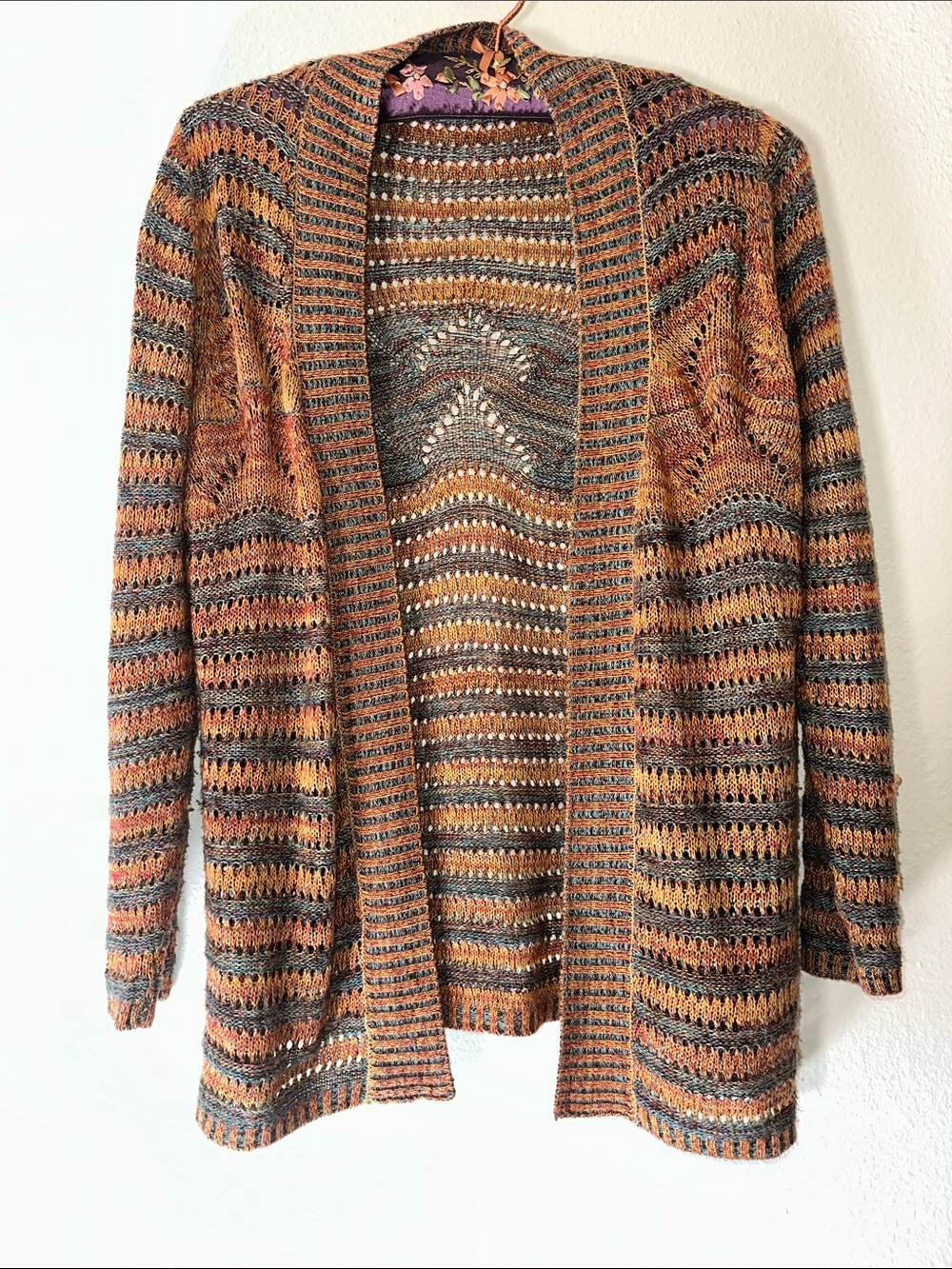 Belldini Striped Open-Front Crochet Cardigan in Rust, Olive & Tan
